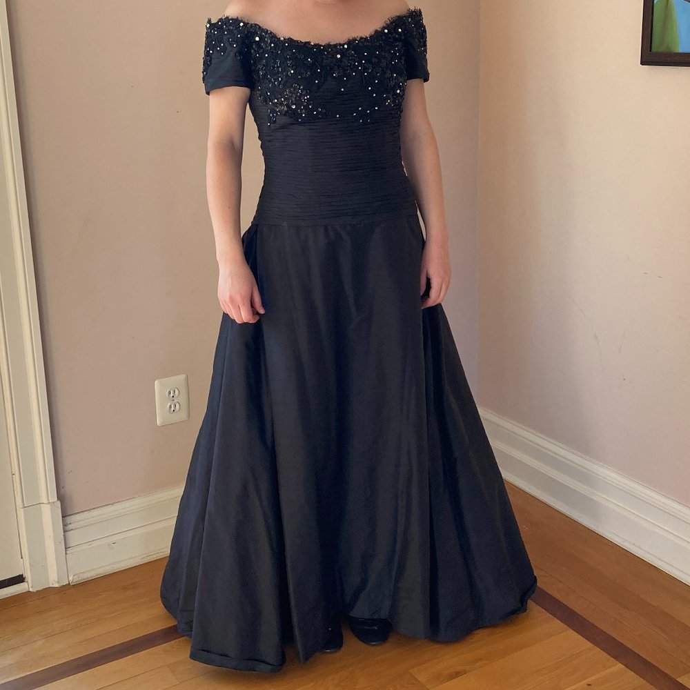 Black, Silk Dress with Silver, Beaded Embroidery by Vasarri - Picture 1 of 14